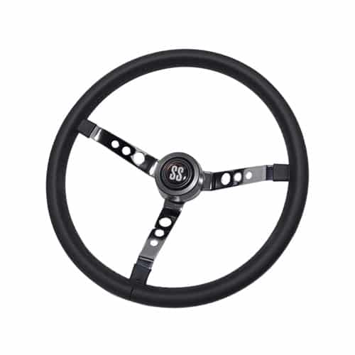 Volante Lotse Big Block S Couro Preto Haste Cromada para Opala e Caravan - Botão SS
