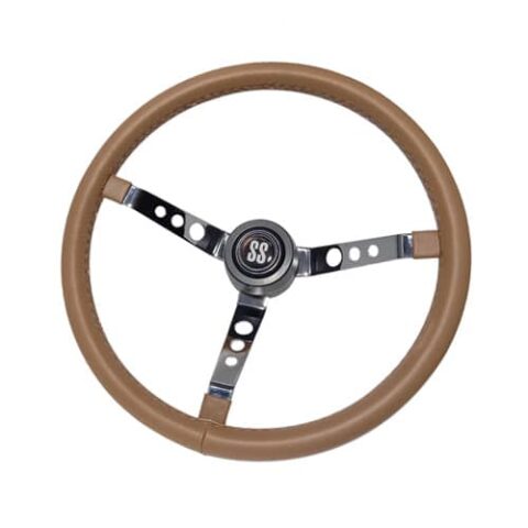 Volante Lotse Big Block S Couro Marrom Haste Cromada para Opala e Caravan - Botão SS