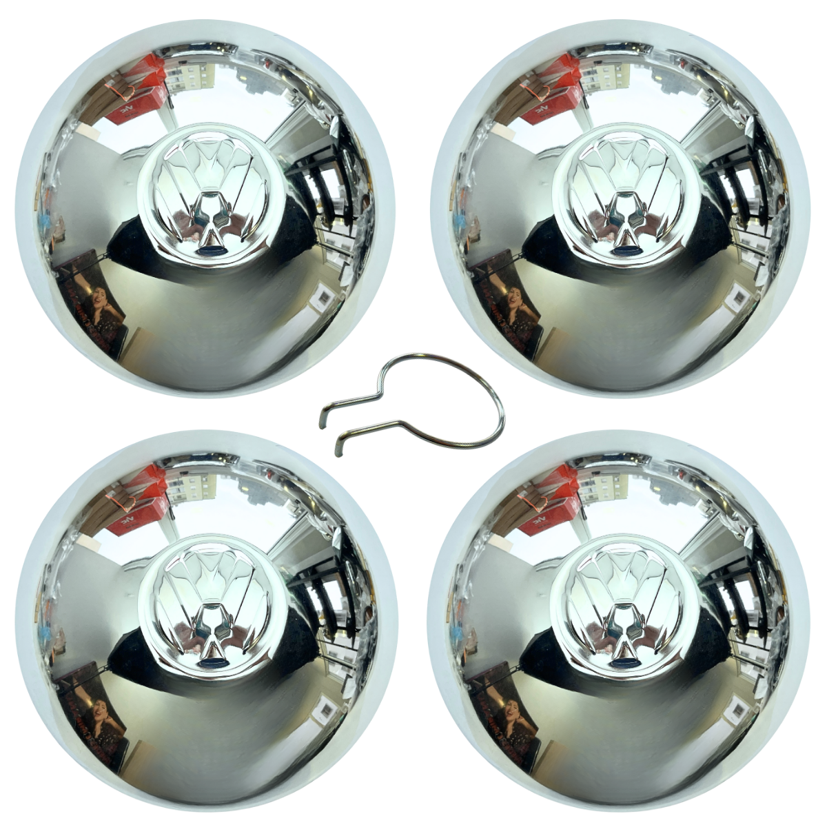 Calota Cromada para Roda 5 furos Fusca / Kombi – Modelo Original JOGO C/ SACA CALOTA